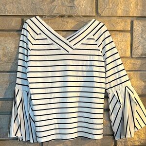 Gibson Latimer Black and White Striped V-Neck Blouse